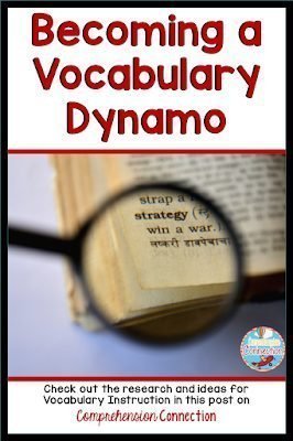 Becoming a Vocabulary Dynamo in 3 Easy 2 Vocabulary becoming a vocabulary dynamo pin graphic with a dictionary and magnifying glass