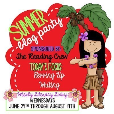 Writing pin graphic Summer Blog Party sponsored by the Reading Crew, today's focus revving up writing