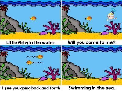 How to Develop a Concept of Word with Animal Poetry 2 Concept of word little fishy poem broken into four picture cards with underwater scenes