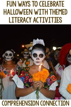 Skeletons don't need to be scary! This post includes ways to work in studies of the skeletal system during Halloween. Halloween fun ways to celebrate Halloween with themed literacy activities pin graphic with children in skeleton costumes