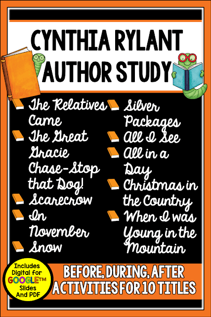 Cynthia Rylant's writing style works well for teaching so many skills including author's craft, visualizing, point of view, imagery, drawing conclusions, making inferences, and finding text evidence to support thinking. In this post, I share my top ten favorite titles and ideas to go with each.